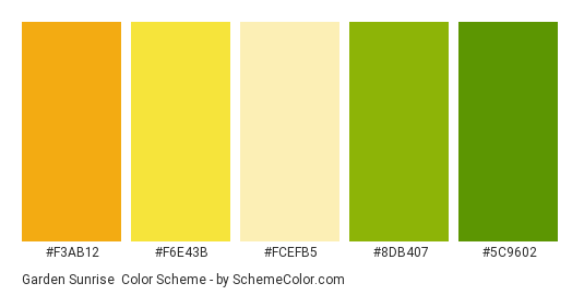 Garden Sunrise - Color scheme palette thumbnail - #f3ab12 #f6e43b #fcefb5 #8db407 #5c9602 