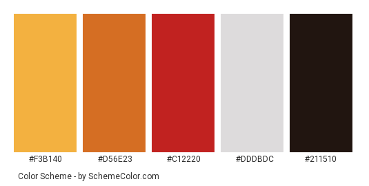 Spoons of Spices - Color scheme palette thumbnail - #f3b140 #d56e23 #c12220 #dddbdc #211510 