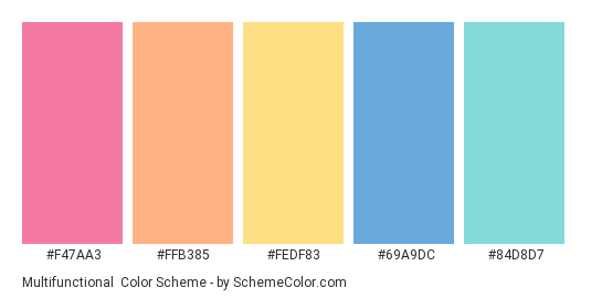 Multifunctional - Color scheme palette thumbnail - #f47aa3 #ffb385 #fedf83 #69a9dc #84d8d7 