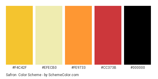 Safron - Color scheme palette thumbnail - #f4c42f #efecb0 #fe9733 #cc373b #000000 