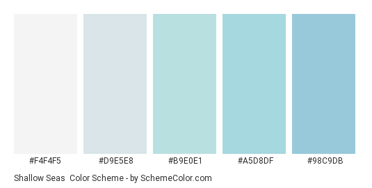 Shallow Seas - Color scheme palette thumbnail - #f4f4f5 #d9e5e8 #b9e0e1 #a5d8df #98c9db 
