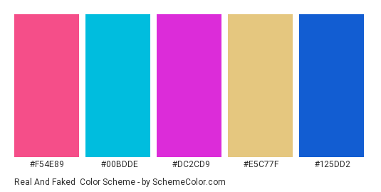 Real and Faked - Color scheme palette thumbnail - #f54e89 #00bdde #dc2cd9 #e5c77f #125dd2 