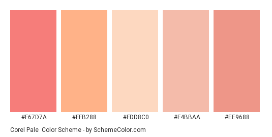 Corel Pale - Color scheme palette thumbnail - #f67d7a #ffb288 #fdd8c0 #f4bbaa #ee9688 