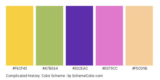 Complicated History - Color scheme palette thumbnail - #f6cf43 #a7be64 #5d2eac #e079cc #f5cd9b 
