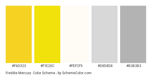 Freddie Mercury - Color scheme palette thumbnail - #f6d323 #f1e20c #fefcf5 #d8d8d8 #b3b3b3 