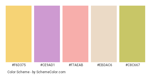 Tasty Cupcakes - Color scheme palette thumbnail - #f6d375 #ce9ad1 #f7aeab #ebdac6 #c8c667 