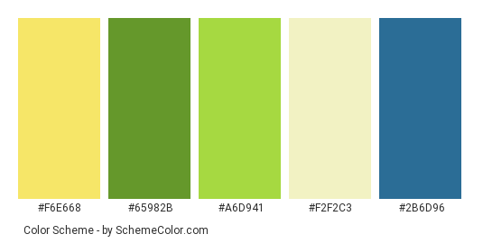 Those Days - Color scheme palette thumbnail - #f6e668 #65982b #a6d941 #f2f2c3 #2b6d96 