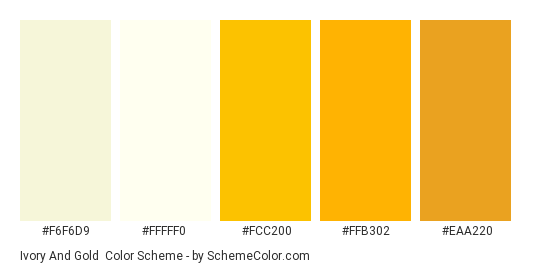 Ivory and Gold - Color scheme palette thumbnail - #f6f6d9 #fffff0 #fcc200 #ffb302 #eaa220 