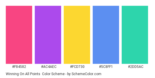 Winning on all Points - Color scheme palette thumbnail - #f84582 #ac4aec #fcd730 #5c8ff1 #2dd5ac 