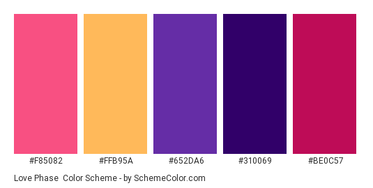 Love Phase - Color scheme palette thumbnail - #f85082 #ffb95a #652da6 #310069 #be0c57 