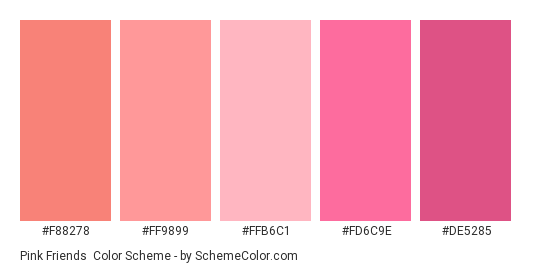 Pink Friends - Color scheme palette thumbnail - #f88278 #ff9899 #ffb6c1 #fd6c9e #de5285 