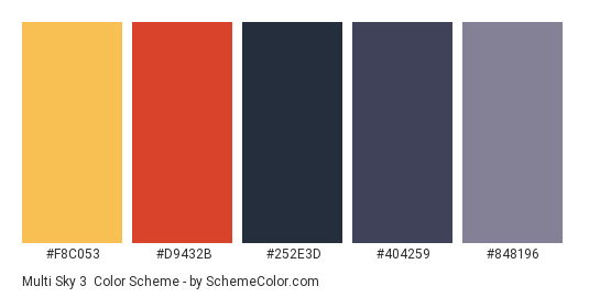 Multi Sky 3 - Color scheme palette thumbnail - #f8c053 #d9432b #252e3d #404259 #848196 