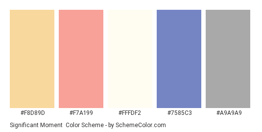 Significant Moment - Color scheme palette thumbnail - #f8d89d #f7a199 #fffdf2 #7585c3 #a9a9a9 