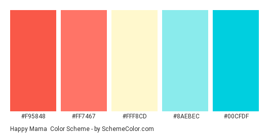 Happy Mama - Color scheme palette thumbnail - #f95848 #ff7467 #FFF8CD #8aebec #00cfdf 