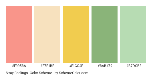 Stray Feelings - Color scheme palette thumbnail - #f9958a #f7e1be #f1cc4f #8ab479 #b7dcb3 