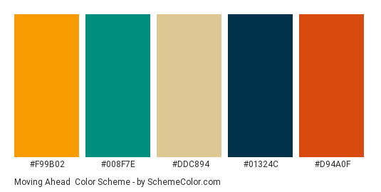 Moving Ahead - Color scheme palette thumbnail - #f99b02 #008f7e #ddc894 #01324c #d94a0f 