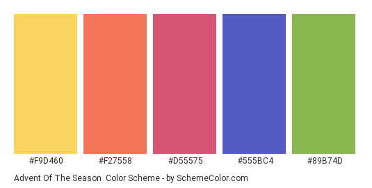 Advent of the Season - Color scheme palette thumbnail - #f9d460 #f27558 #d55575 #555bc4 #89b74d 