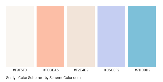 Softly & Calmly - Color scheme palette thumbnail - #f9f5f0 #fcbea6 #f2e4d9 #c5cef2 #7dc0d9 