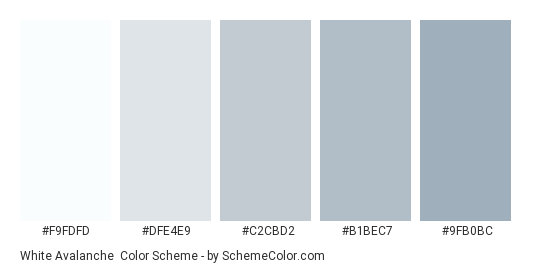 White Avalanche - Color scheme palette thumbnail - #f9fdfd #dfe4e9 #c2cbd2 #b1bec7 #9fb0bc 