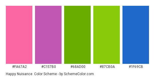 Happy Nuisance - Color scheme palette thumbnail - #fa67a2 #c157b0 #68ad00 #87cb0a #1f69cb 