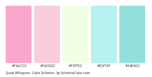 Quiet Whispers - Color scheme palette thumbnail - #faa7cc #facddc #f3ffe2 #b5f1ef #94e0dc 