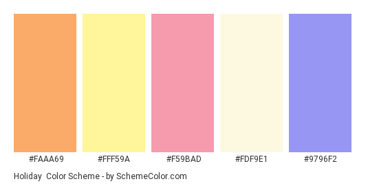 Holiday - Color scheme palette thumbnail - #faaa69 #fff59a #f59bad #fdf9e1 #9796f2 