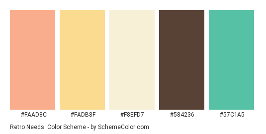 Retro Needs - Color scheme palette thumbnail - #faad8c #fadb8f #f8efd7 #584236 #57c1a5 