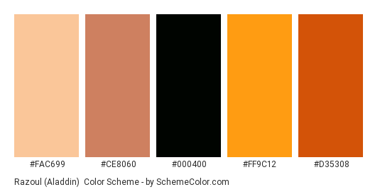 Razoul (Aladdin) - Color scheme palette thumbnail - #fac699 #ce8060 #000400 #ff9c12 #d35308 