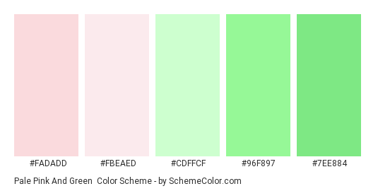 Pale Pink and Green - Color scheme palette thumbnail - #fadadd #fbeaed #cdffcf #96f897 #7ee884 