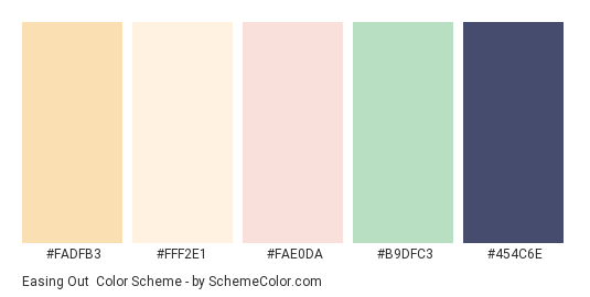 Easing Out - Color scheme palette thumbnail - #fadfb3 #fff2e1 #fae0da #b9dfc3 #454c6e 