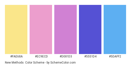New Methods - Color scheme palette thumbnail - #fae68a #ec9ecd #d081d3 #5551d4 #5daff2 