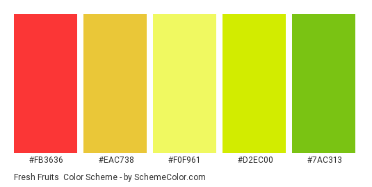 Fresh Fruits - Color scheme palette thumbnail - #fb3636 #eac738 #f0f961 #d2ec00 #7ac313 
