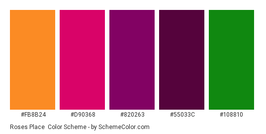 Roses Place - Color scheme palette thumbnail - #fb8b24 #d90368 #820263 #55033C #108810 