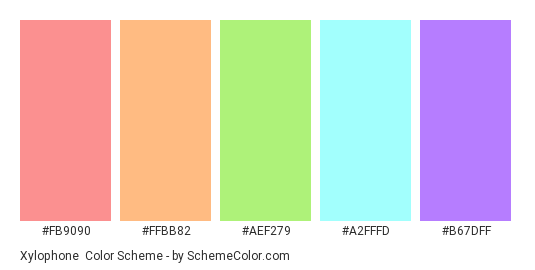 Xylophone - Color scheme palette thumbnail - #fb9090 #ffbb82 #aef279 #a2fffd #b67dff 