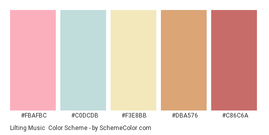 Lilting Music - Color scheme palette thumbnail - #fbafbc #c0dcdb #f3e8bb #dba576 #c86c6a 