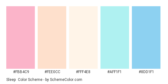Sleep - Color scheme palette thumbnail - #fbb4c9 #fee0cc #fff4e8 #aff1f1 #8dd1f1 