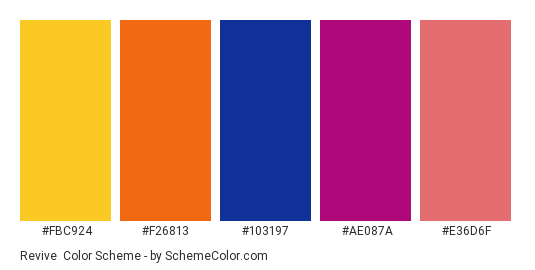 Revive - Color scheme palette thumbnail - #fbc924 #f26813 #103197 #ae087a #e36d6f 