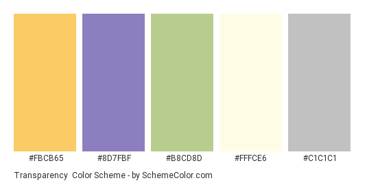 Transparency - Color scheme palette thumbnail - #fbcb65 #8d7fbf #b8cd8d #fffce6 #c1c1c1 