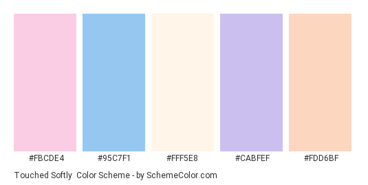 Touched Softly - Color scheme palette thumbnail - #fbcde4 #95c7f1 #fff5e8 #cabfef #fdd6bf 