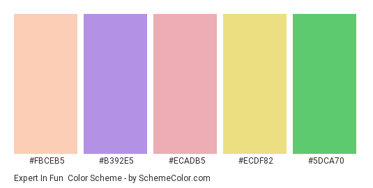 Expert in Fun - Color scheme palette thumbnail - #fbceb5 #b392e5 #ecadb5 #ecdf82 #5dca70 