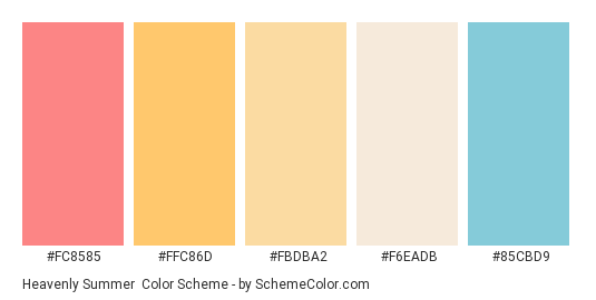 Heavenly Summer - Color scheme palette thumbnail - #fc8585 #ffc86d #fbdba2 #f6eadb #85cbd9 