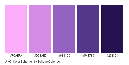 UI 95 - Color scheme palette thumbnail - #fcaefa #d58ae5 #9361c0 #543789 #251351 