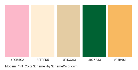 Modern Print - Color scheme palette thumbnail - #fcb8ca #ffeed5 #e4cca3 #006233 #f8b961 