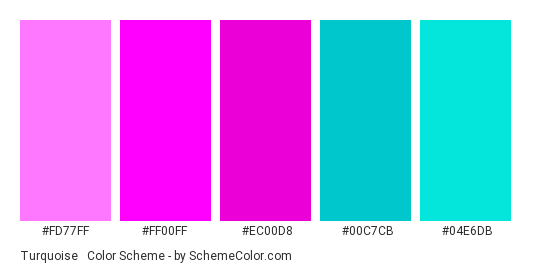 Turquoise & Fuchsia - Color scheme palette thumbnail - #fd77ff #ff00ff #ec00d8 #00c7cb #04e6db 