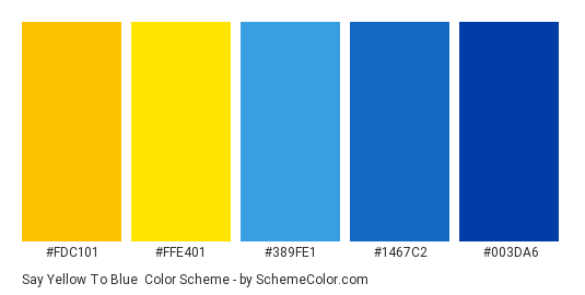 Say Yellow to Blue - Color scheme palette thumbnail - #fdc101 #ffe401 #389fe1 #1467c2 #003da6 
