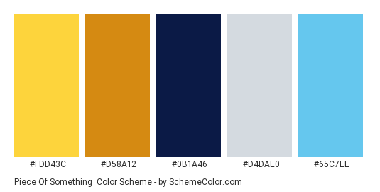 Piece of Something - Color scheme palette thumbnail - #fdd43c #d58a12 #0b1a46 #d4dae0 #65c7ee 