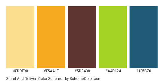 Stand and Deliver - Color scheme palette thumbnail - #fddf90 #f5aa1f #5d3430 #a4d124 #1f5b76 