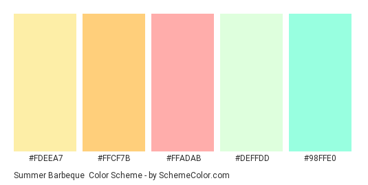 Summer Barbeque - Color scheme palette thumbnail - #fdeea7 #ffcf7b #ffadab #deffdd #98ffe0 