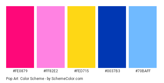 Pop Art - Color scheme palette thumbnail - #fe0879 #ff82e2 #fed715 #0037b3 #70baff 