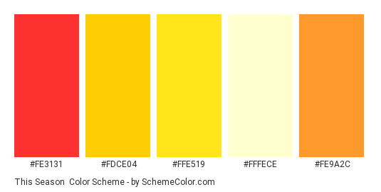 This Season - Color scheme palette thumbnail - #fe3131 #fdce04 #ffe519 #fffece #fe9a2c 
